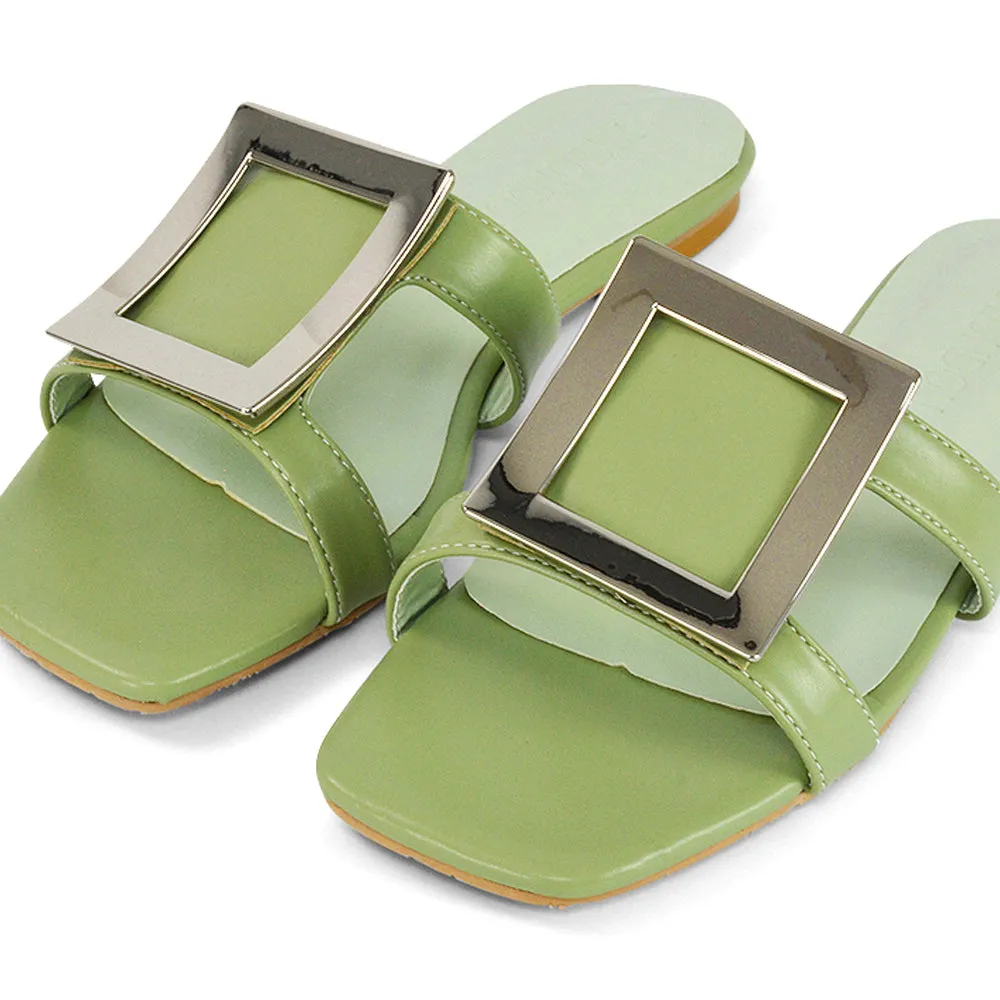 Dulce Cut Out Buckle Detail Strappy Square Toe Flat Slip on Sandal in Mint