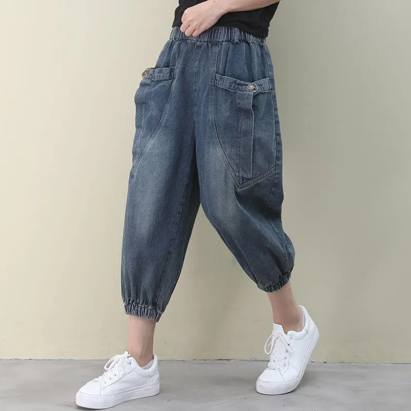 Elegant dark denim blue trousers  summer pockets Cotton shorts