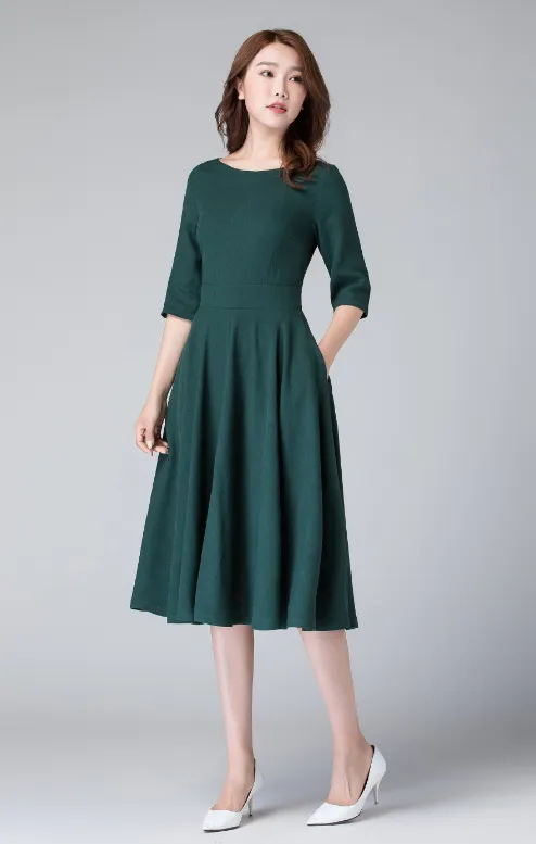 elegant fit and flare swing dress, linen midi dress  1903#