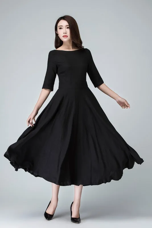 elegant fit and flare swing dress, linen midi dress  1903#