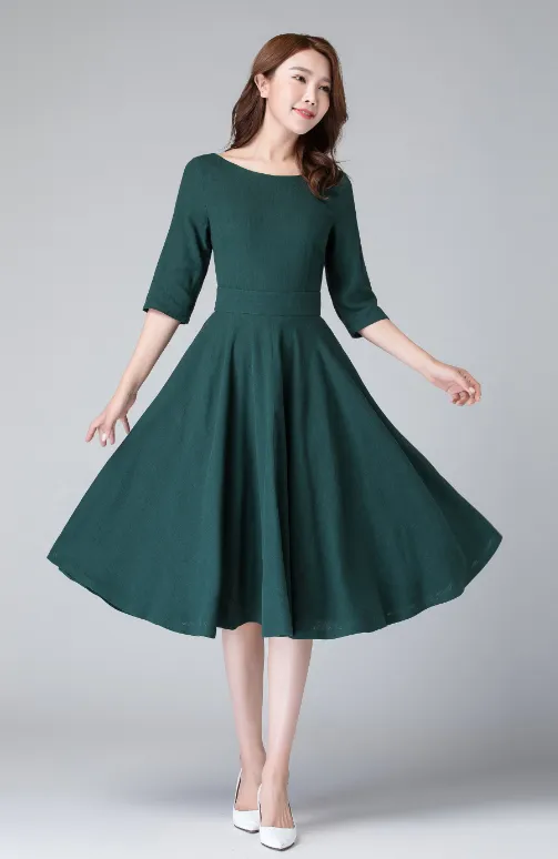 elegant fit and flare swing dress, linen midi dress  1903#