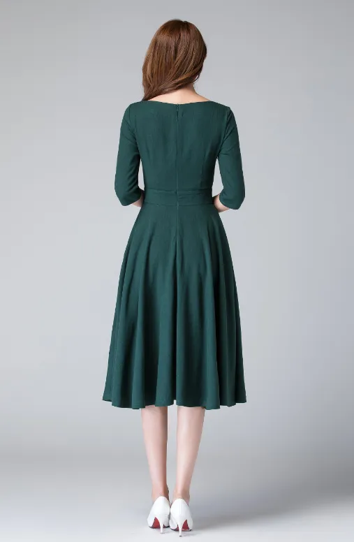 elegant fit and flare swing dress, linen midi dress  1903#