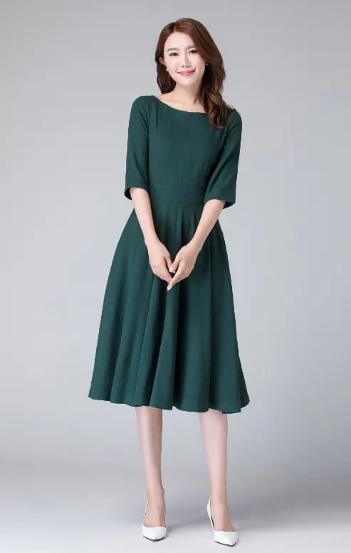 elegant fit and flare swing dress, linen midi dress  1903#