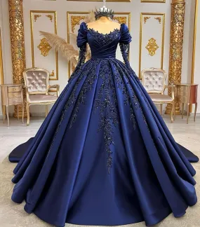 Elegant Navy Blue O-Neck Sequined Appliques Long Sleeves Quinceanera Evening Dress Ball Gown Floor Length Princess Prom Dress      fg6858