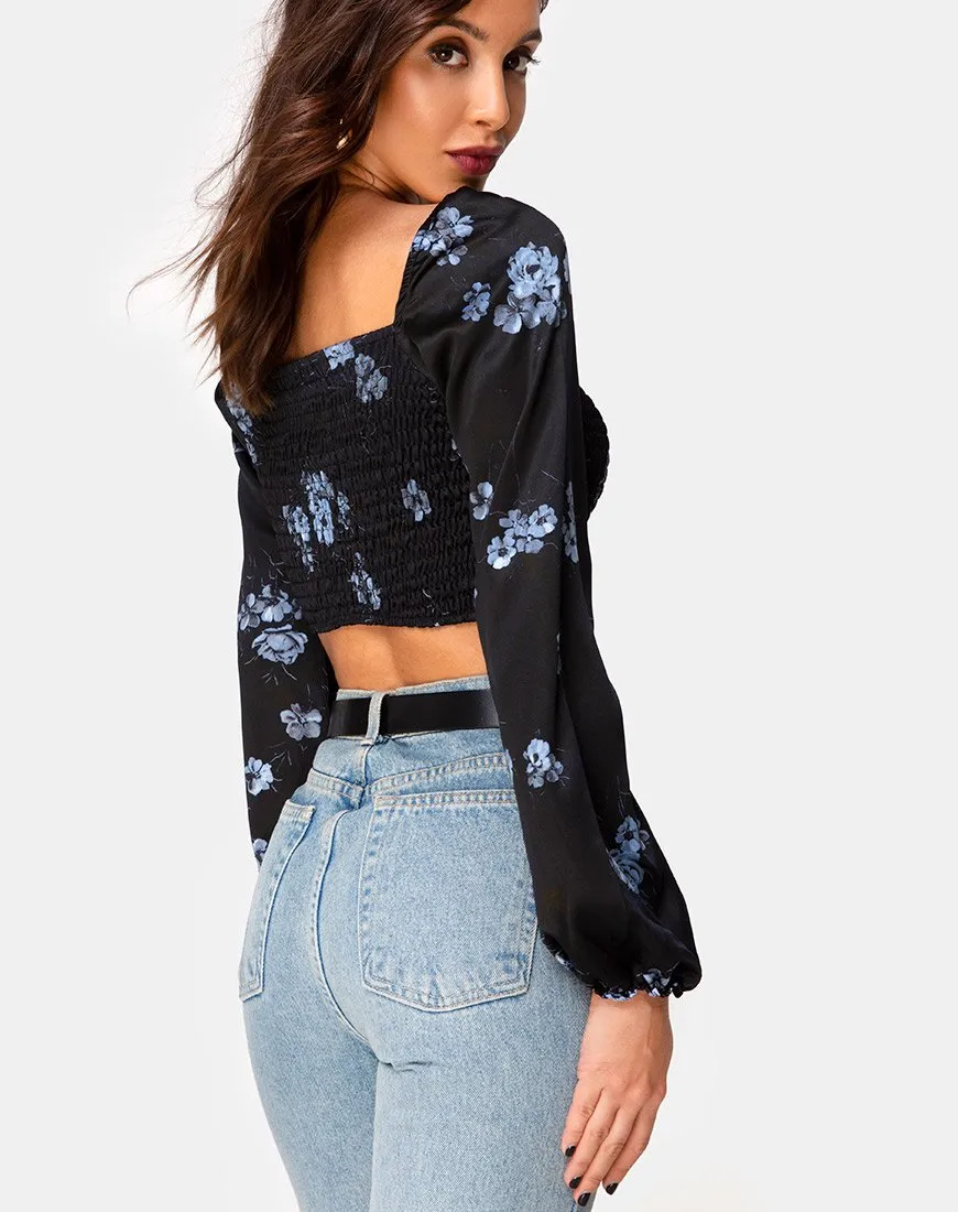 Elina Top in Satin Black Mono Flower