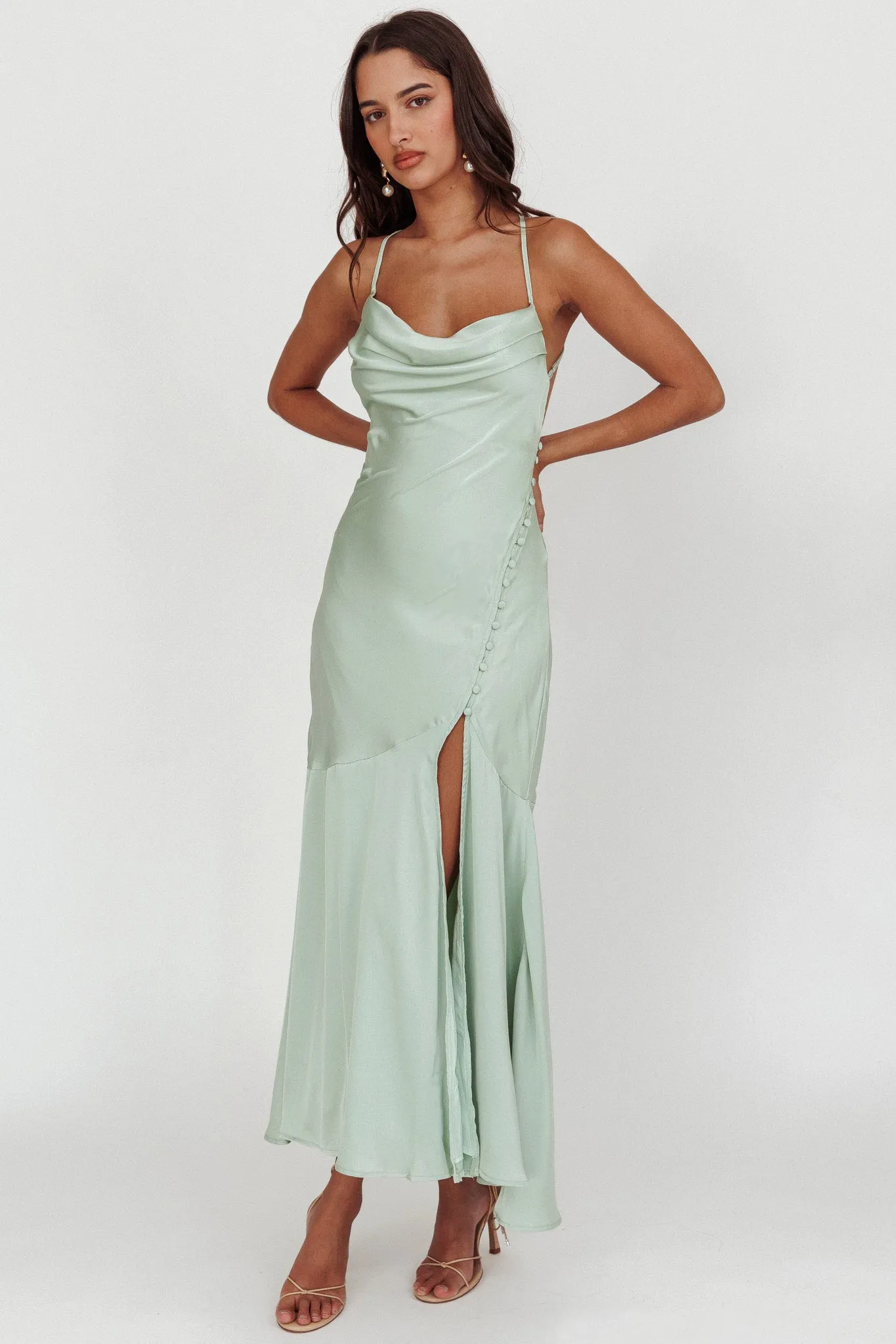 Elpis Cowl Button Satin Maxi Dress Mint