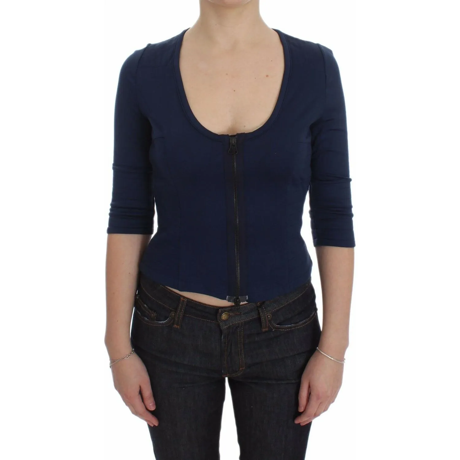 Exte Chic Zippered Crew-Neck Blue Sweater