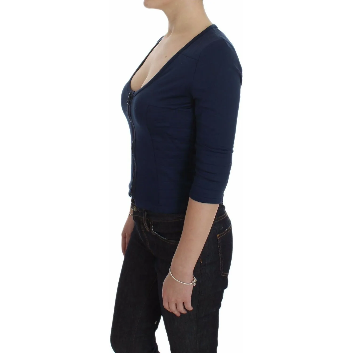 Exte Chic Zippered Crew-Neck Blue Sweater