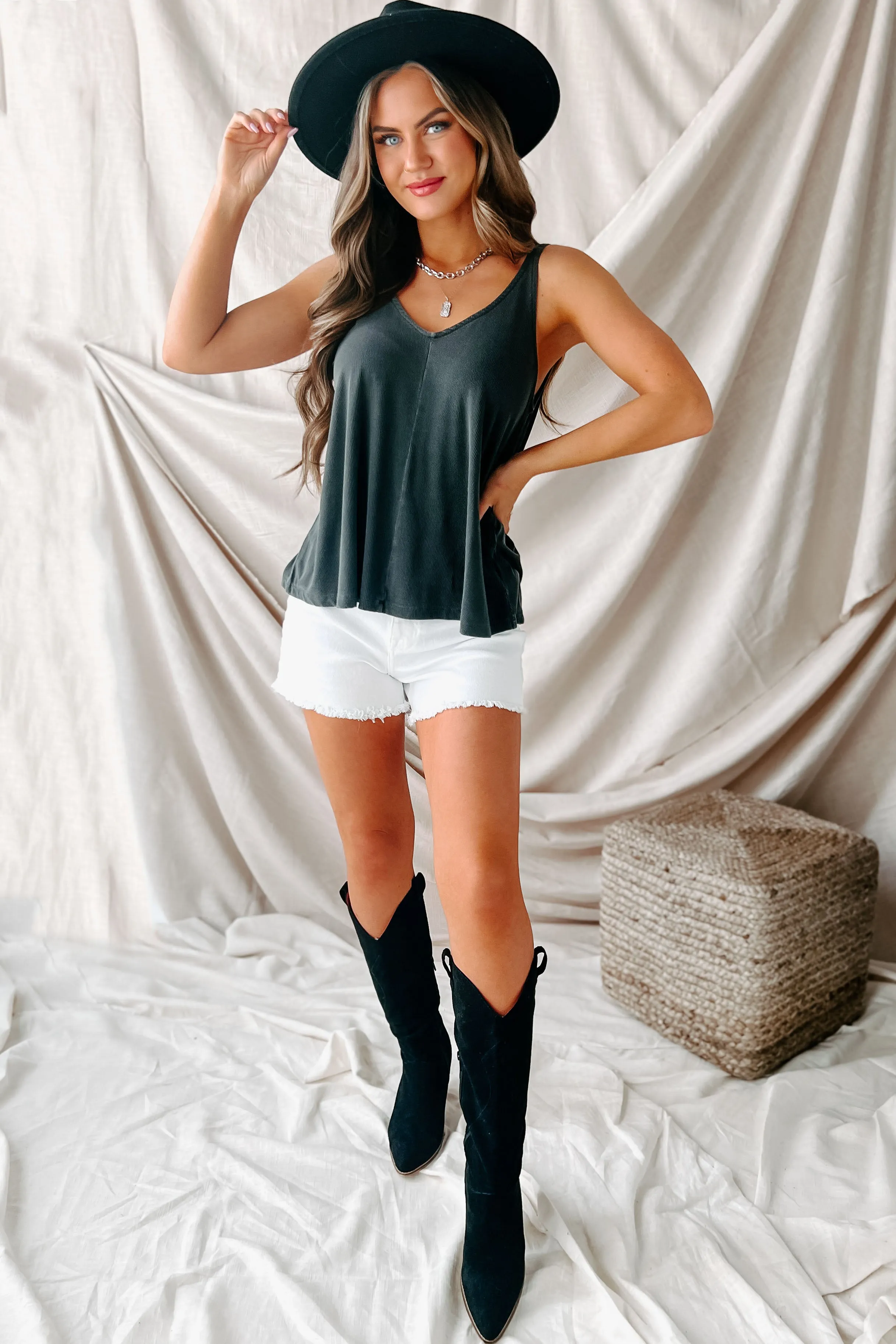 Feel The Same Flowy Ribbed Tank Top (Charcoal)