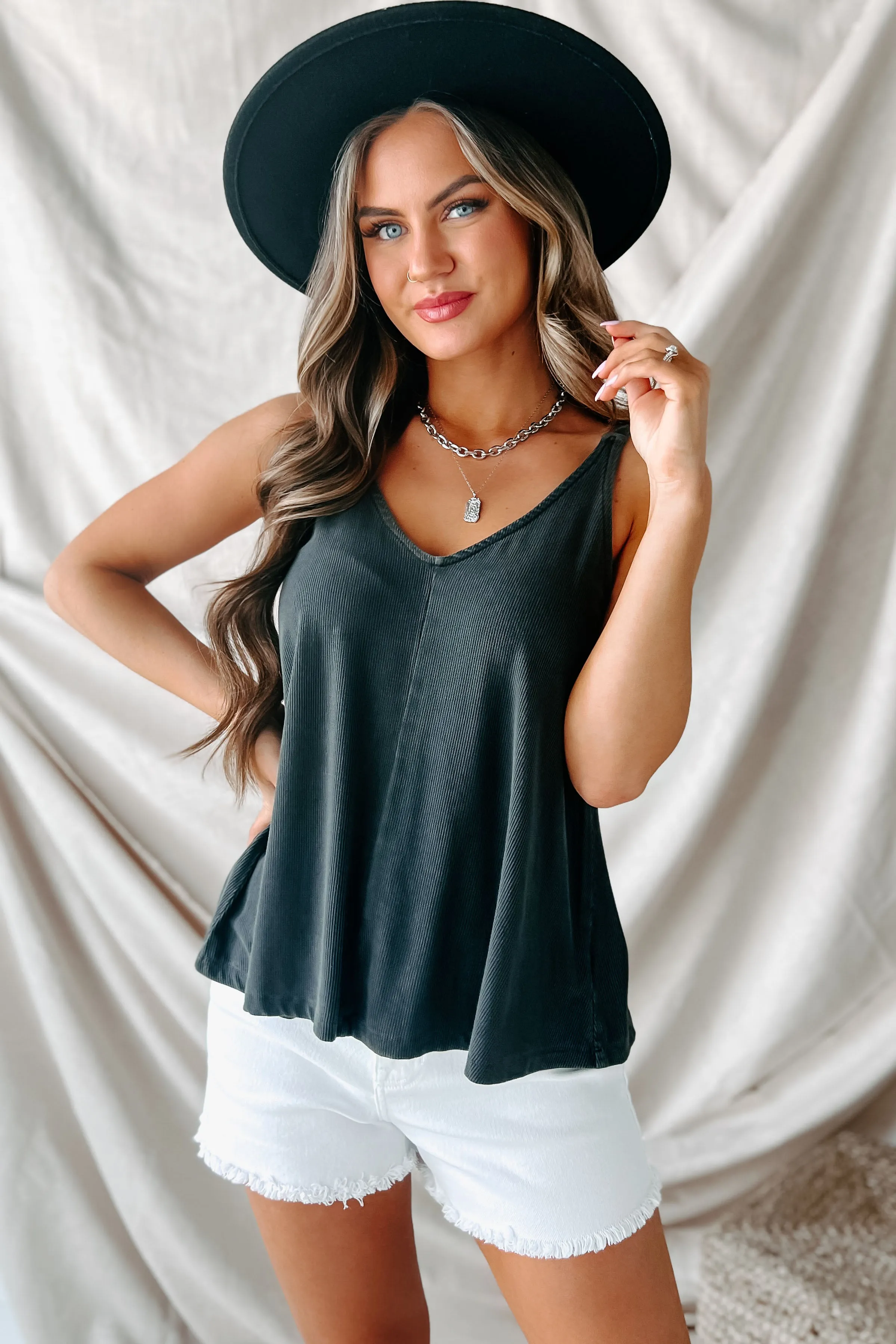 Feel The Same Flowy Ribbed Tank Top (Charcoal)