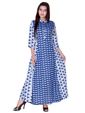 Floor Length Cotton Flared Geometrical Blue