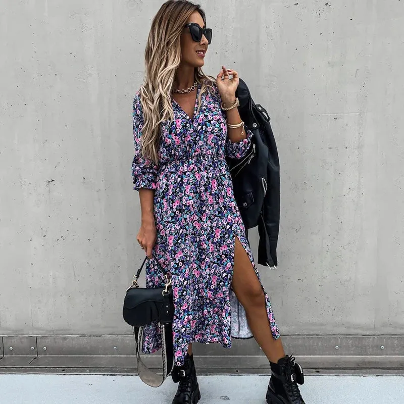 Floral Print Long Split Maxi Dress