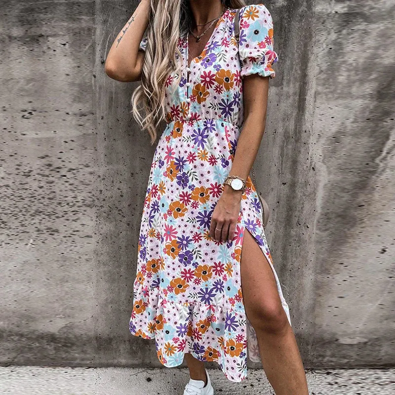 Floral Print Long Split Maxi Dress