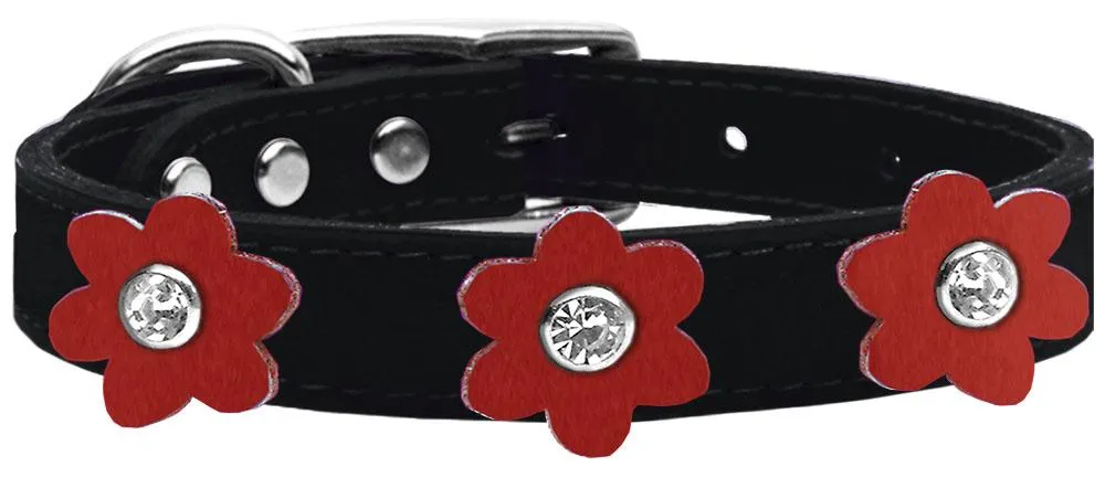 Flower Leather Collar Black With Red Flowers Size 10