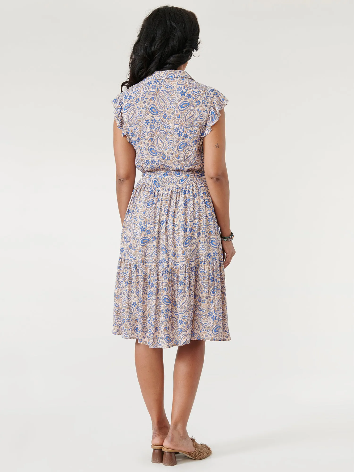 Flutter Extended Sleeve Button Down Paisley Woven Dress