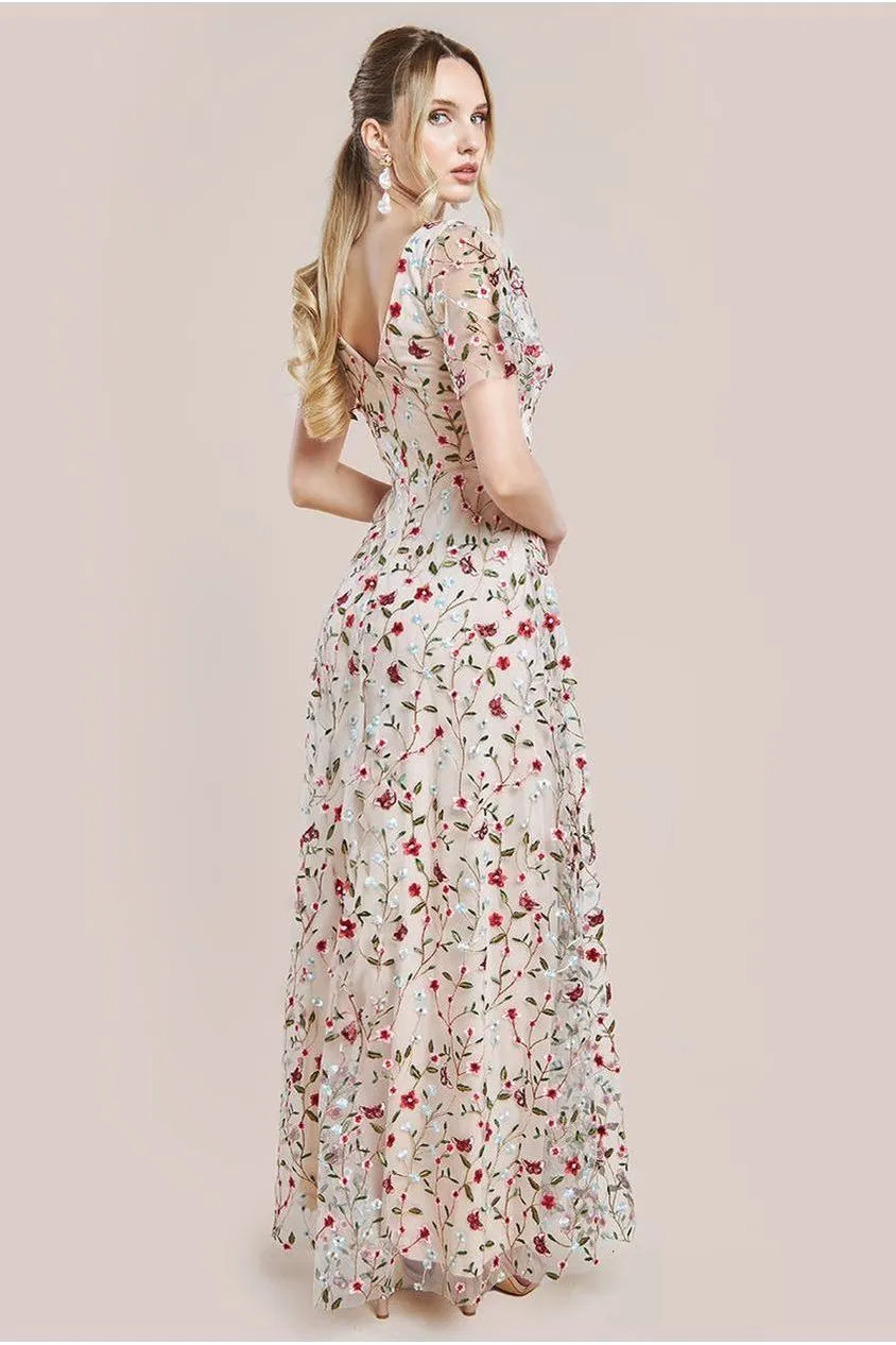 Flutter Sleeve Floral Embroidered Maxi - Nude by Goddiva