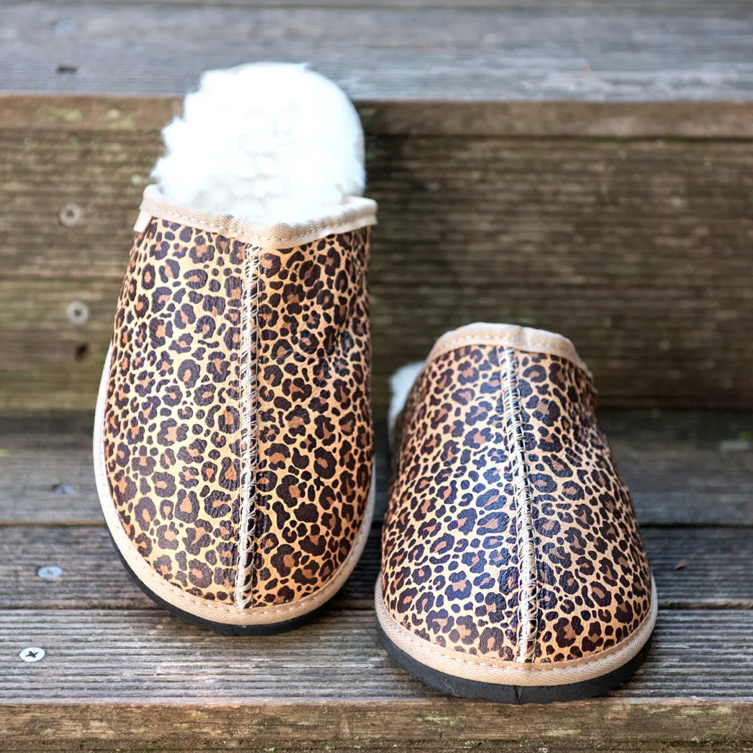 Genuine Leather Sheepskin Mule Slippers - Leopard Print