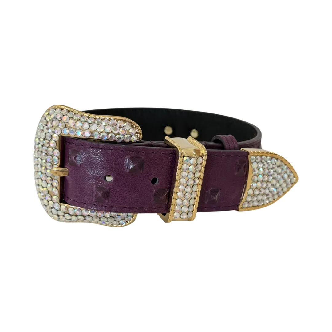 Glamorous Boysenberry, Embossed Studded Italian Leather, Swarovski Crystal Collar