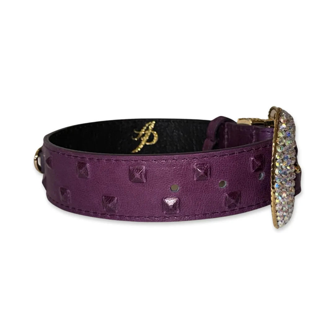 Glamorous Boysenberry, Embossed Studded Italian Leather, Swarovski Crystal Collar