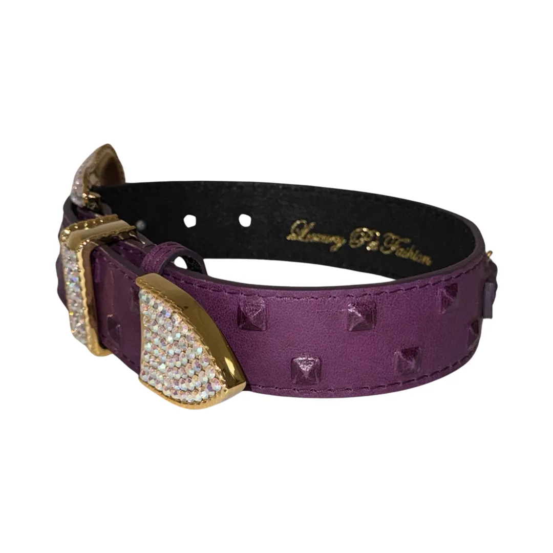 Glamorous Boysenberry, Embossed Studded Italian Leather, Swarovski Crystal Collar