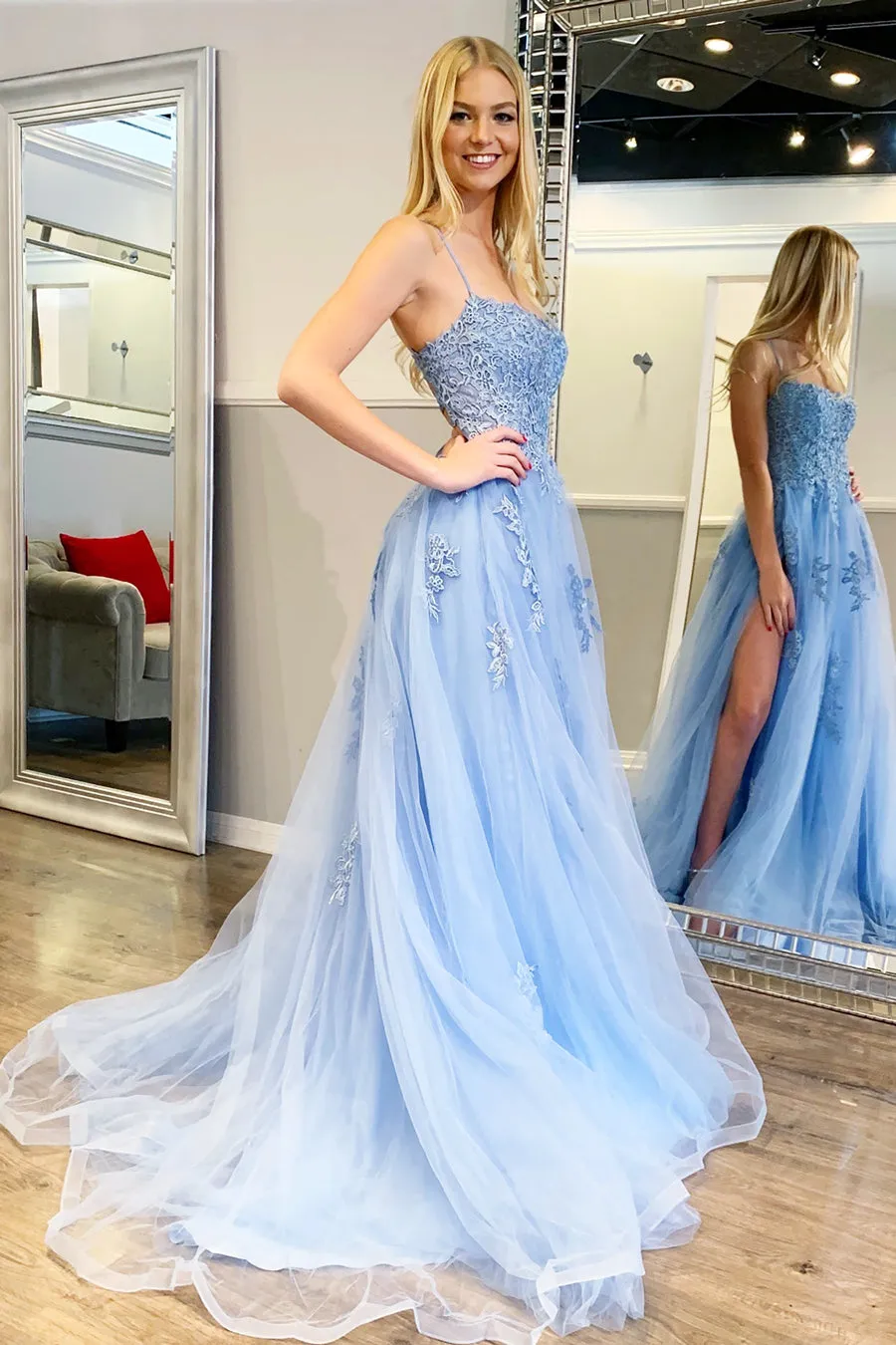 Gorgeous Backless Light Blue Floral Lace Long Prom Dress with Slit, Light Blue Lace Formal Dress, Light Blue Evening Dress