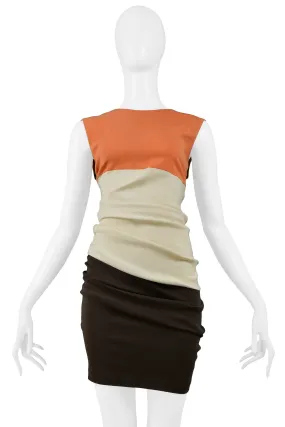 HELMUT LANG CORAL IVORY & BROWN COLOR BLOCK KNIT DRESS 1990