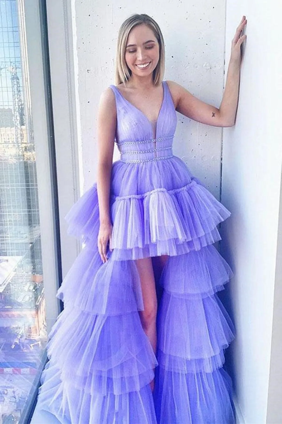 High Low V Neck Purple Tulle Long Prom Dress with Belt, High Low Lilac Formal Evening Dress A1493