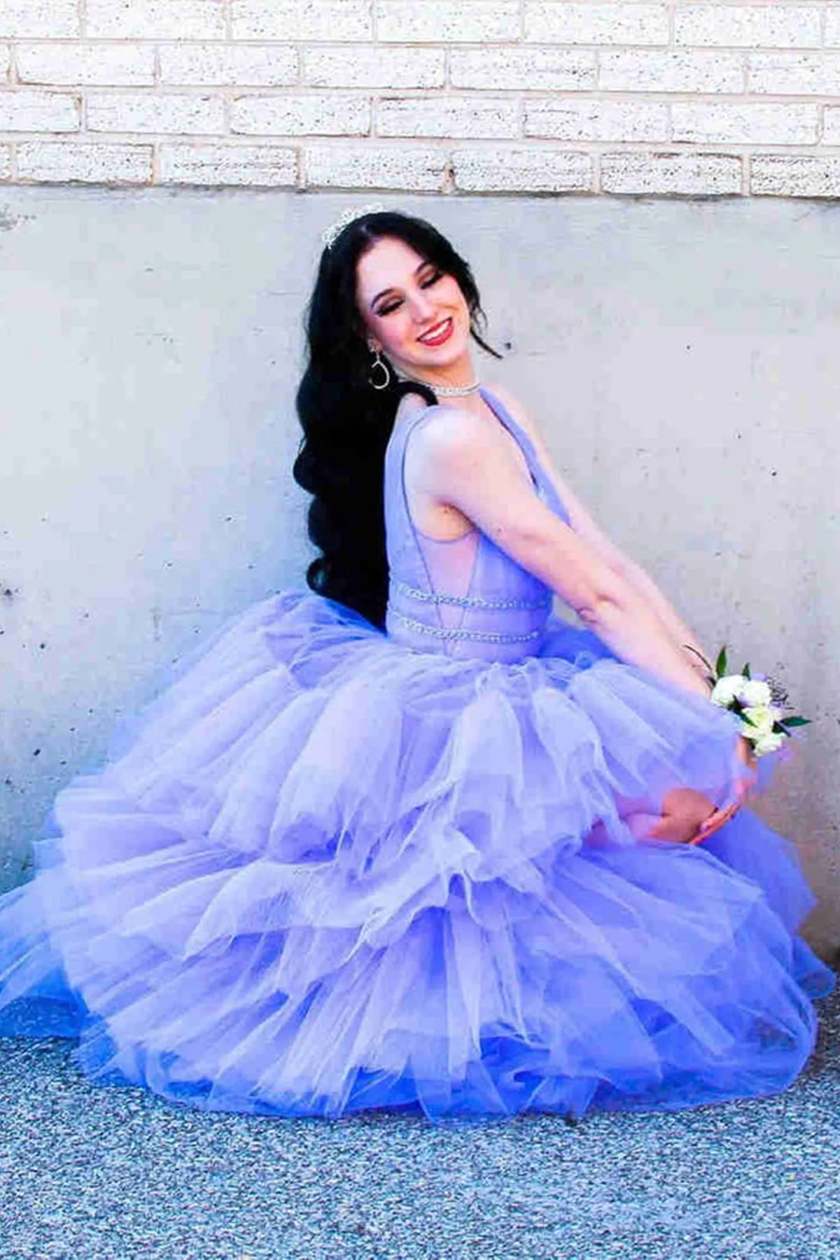 High Low V Neck Purple Tulle Long Prom Dress with Belt, High Low Lilac Formal Evening Dress A1493