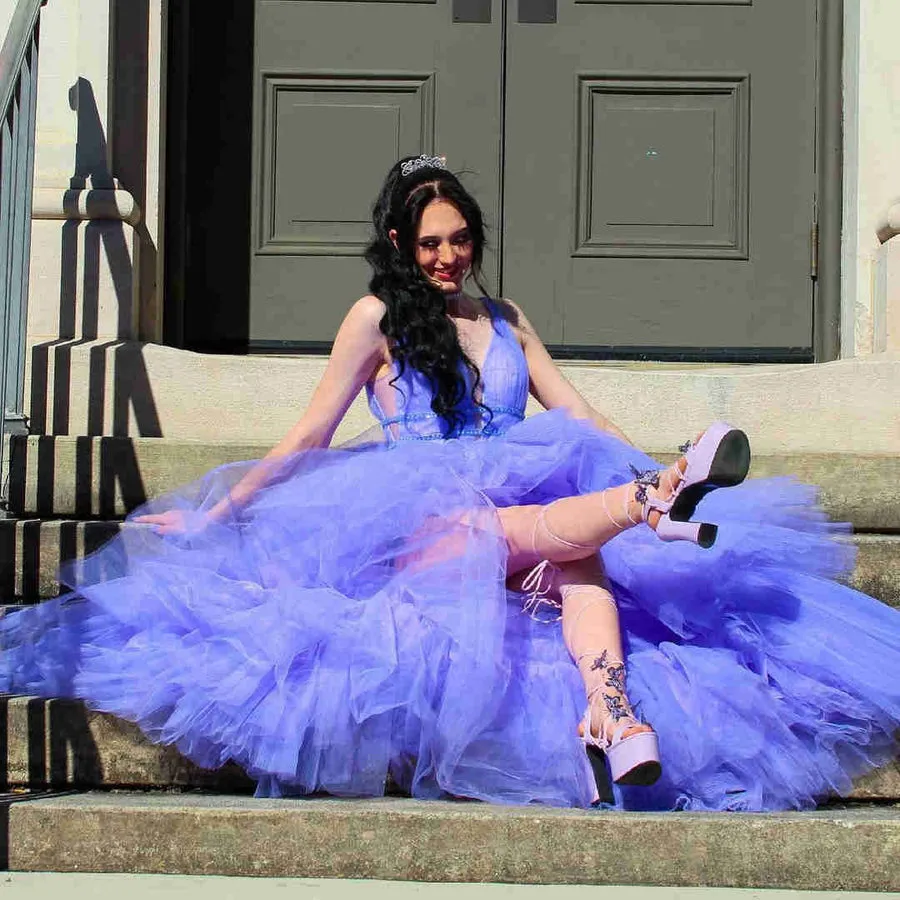 High Low V Neck Purple Tulle Long Prom Dress with Belt, High Low Lilac Formal Evening Dress A1493