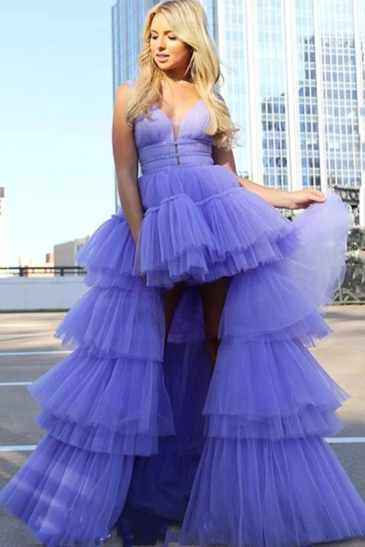 High Low V Neck Purple Tulle Long Prom Dress with Belt, High Low Lilac Formal Evening Dress A1493