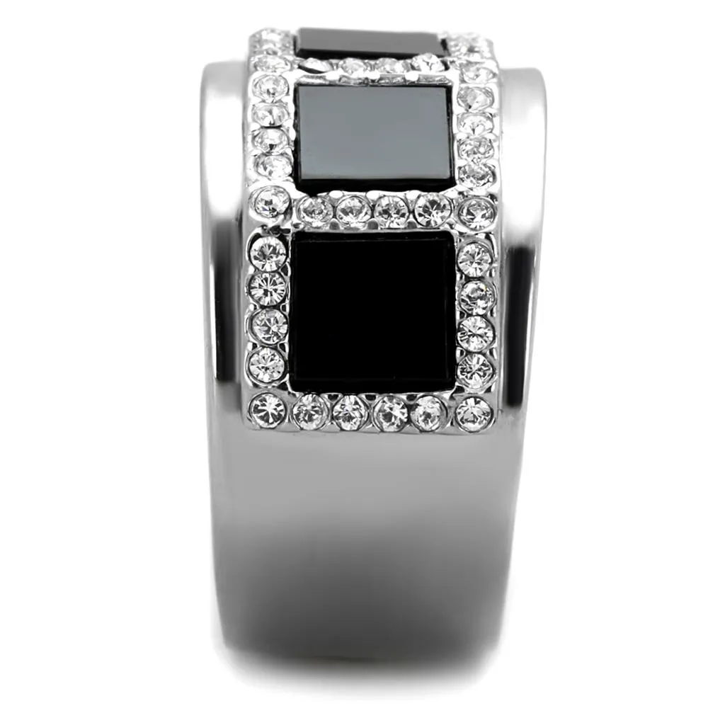 High polished (no plating) Stainless Steel Ring with Synthetic Onyx in Jet for Women Style TK2067