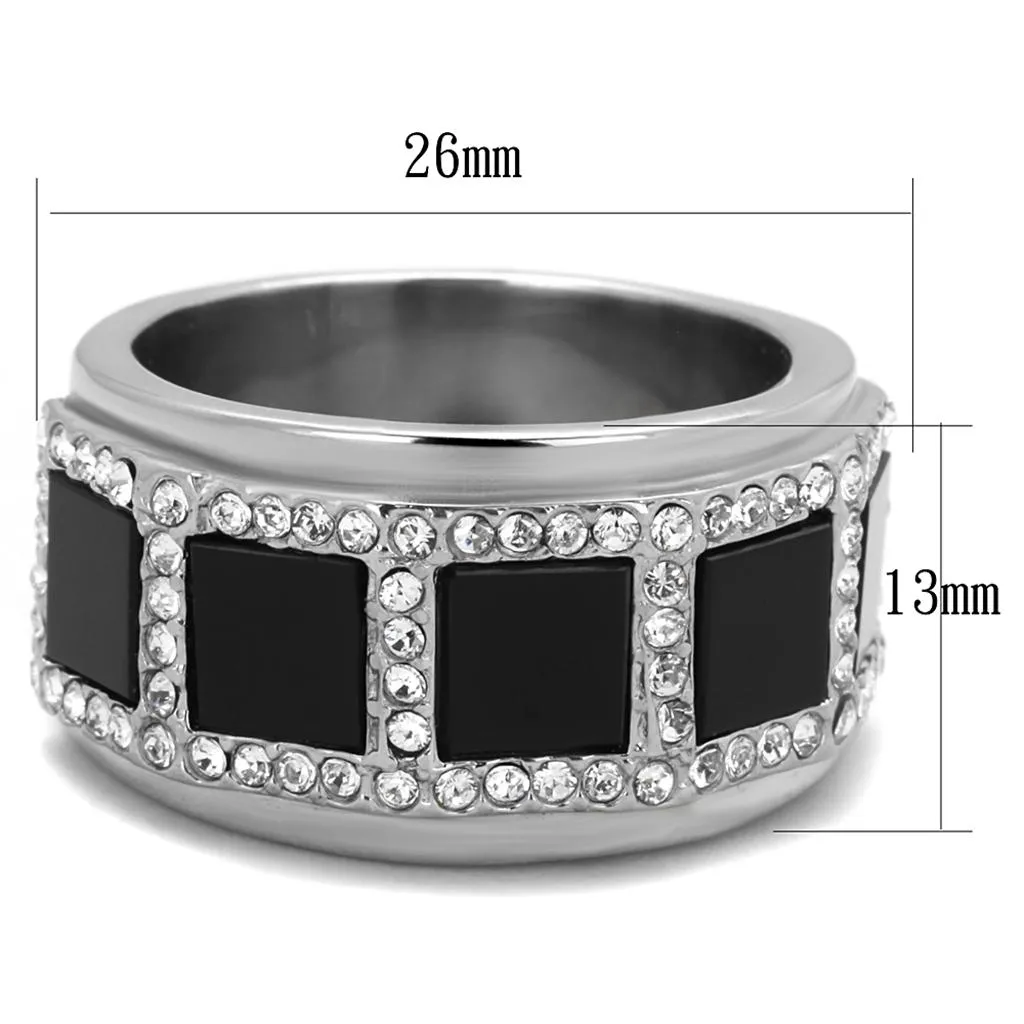 High polished (no plating) Stainless Steel Ring with Synthetic Onyx in Jet for Women Style TK2067