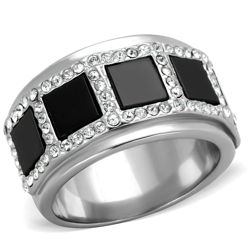 High polished (no plating) Stainless Steel Ring with Synthetic Onyx in Jet for Women Style TK2067