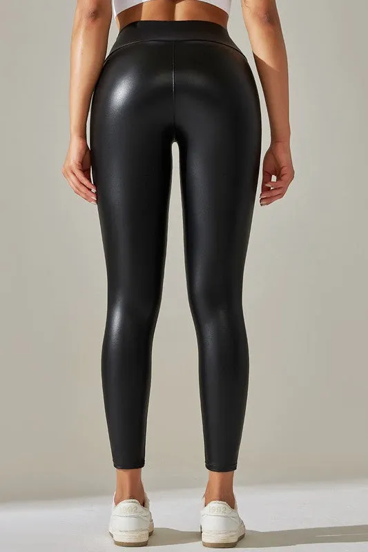 High Waist Banded Faux Leather Leggings