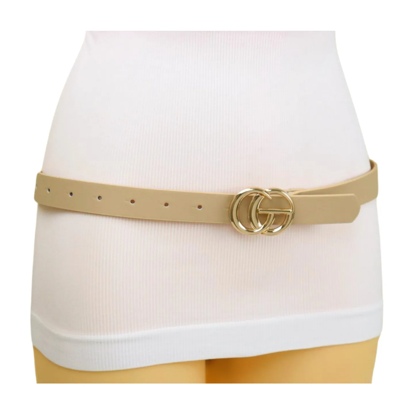 High Waist Hip Skinny Beige Taupe Belt Gold Metal Buckle M L