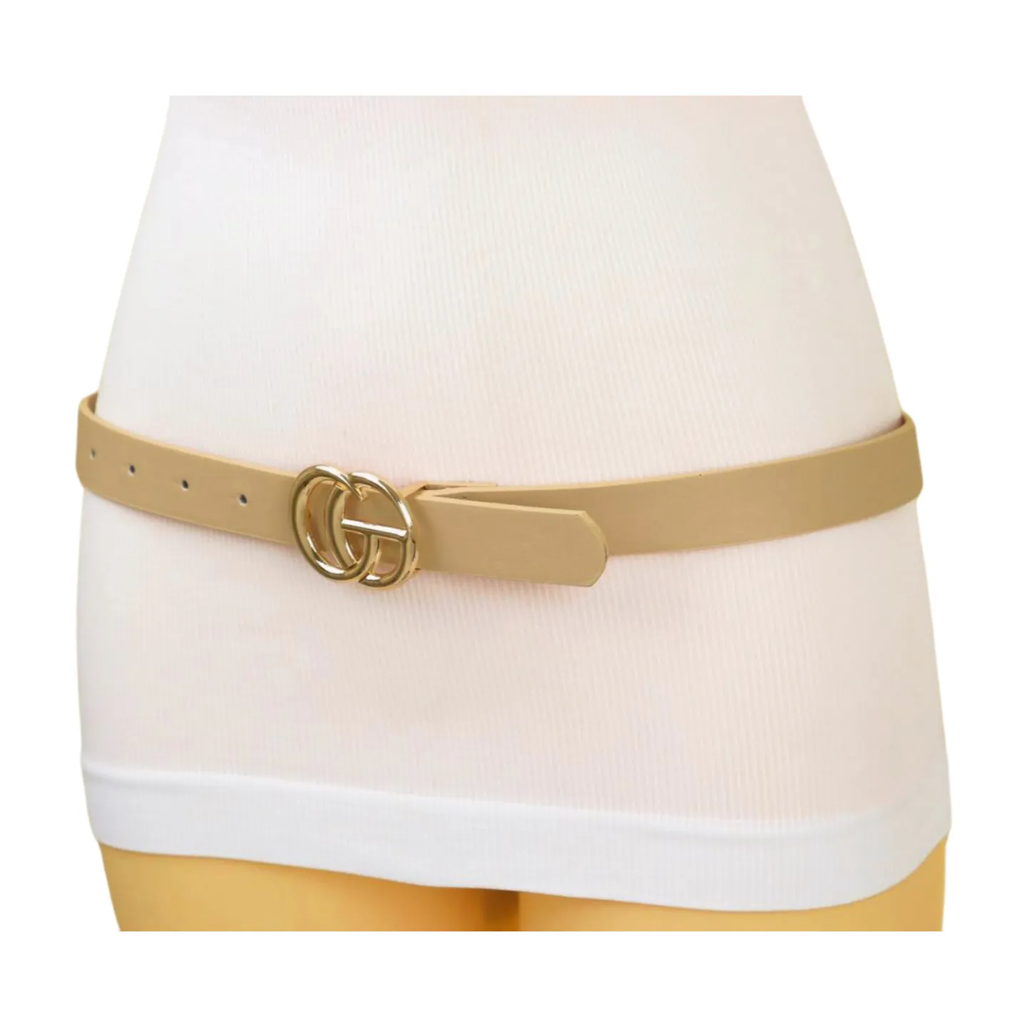 High Waist Hip Skinny Beige Taupe Belt Gold Metal Buckle M L