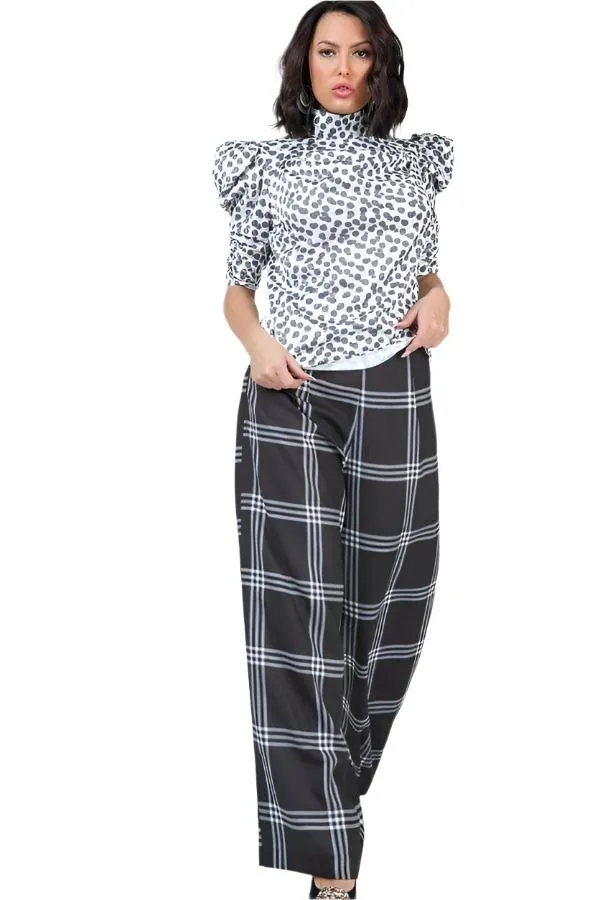 High Waist Plaid Print Wide Leg Pants