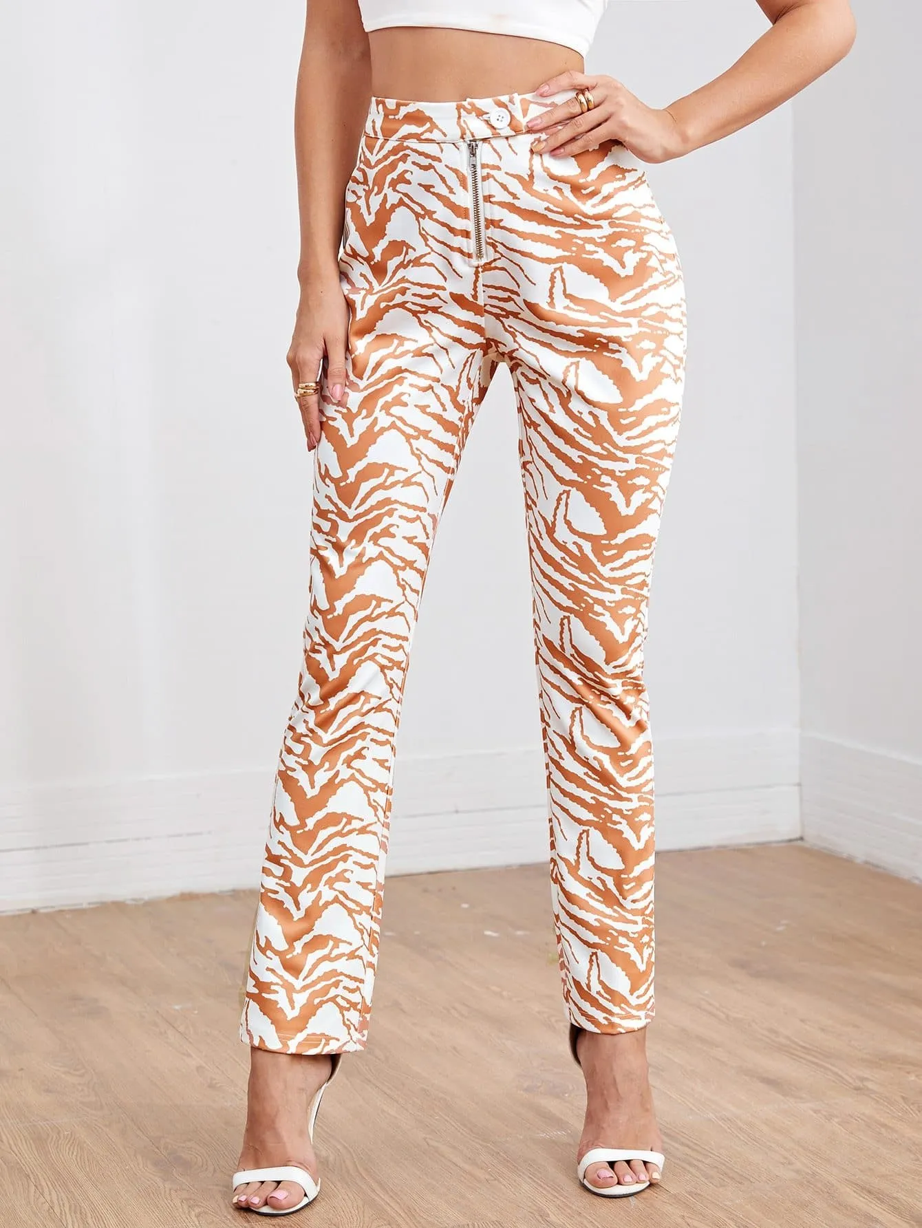 High Waist Zipper Fly Tiger Striped Straight Leg Pants