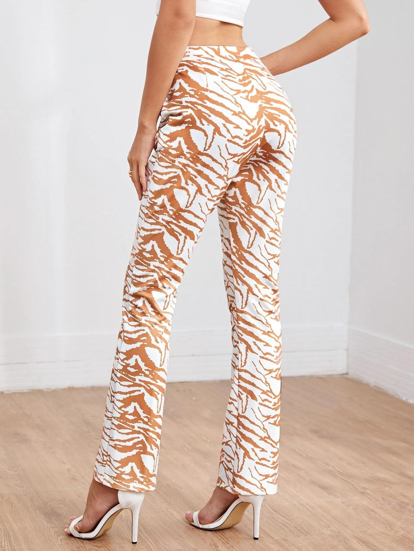 High Waist Zipper Fly Tiger Striped Straight Leg Pants