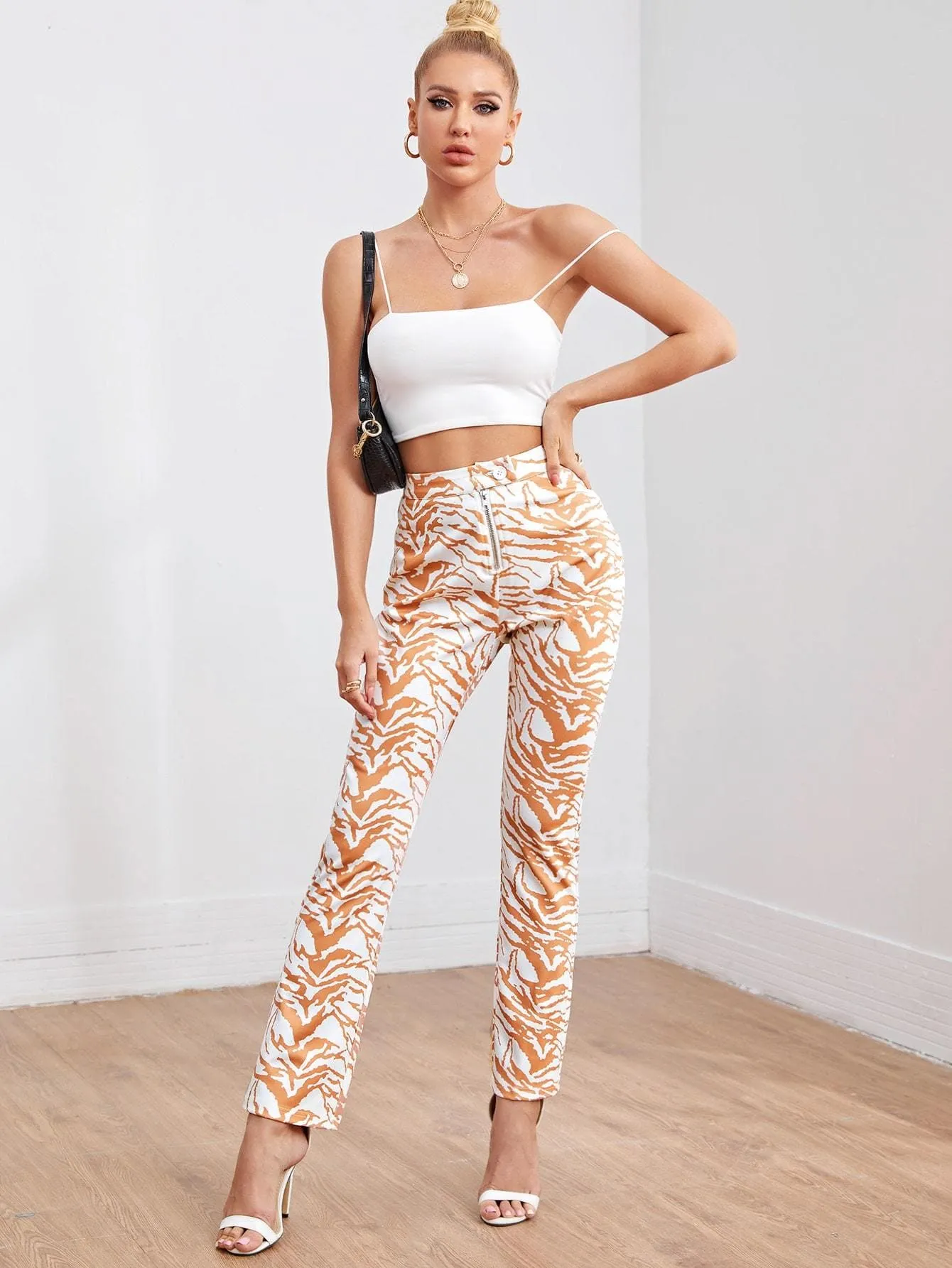 High Waist Zipper Fly Tiger Striped Straight Leg Pants