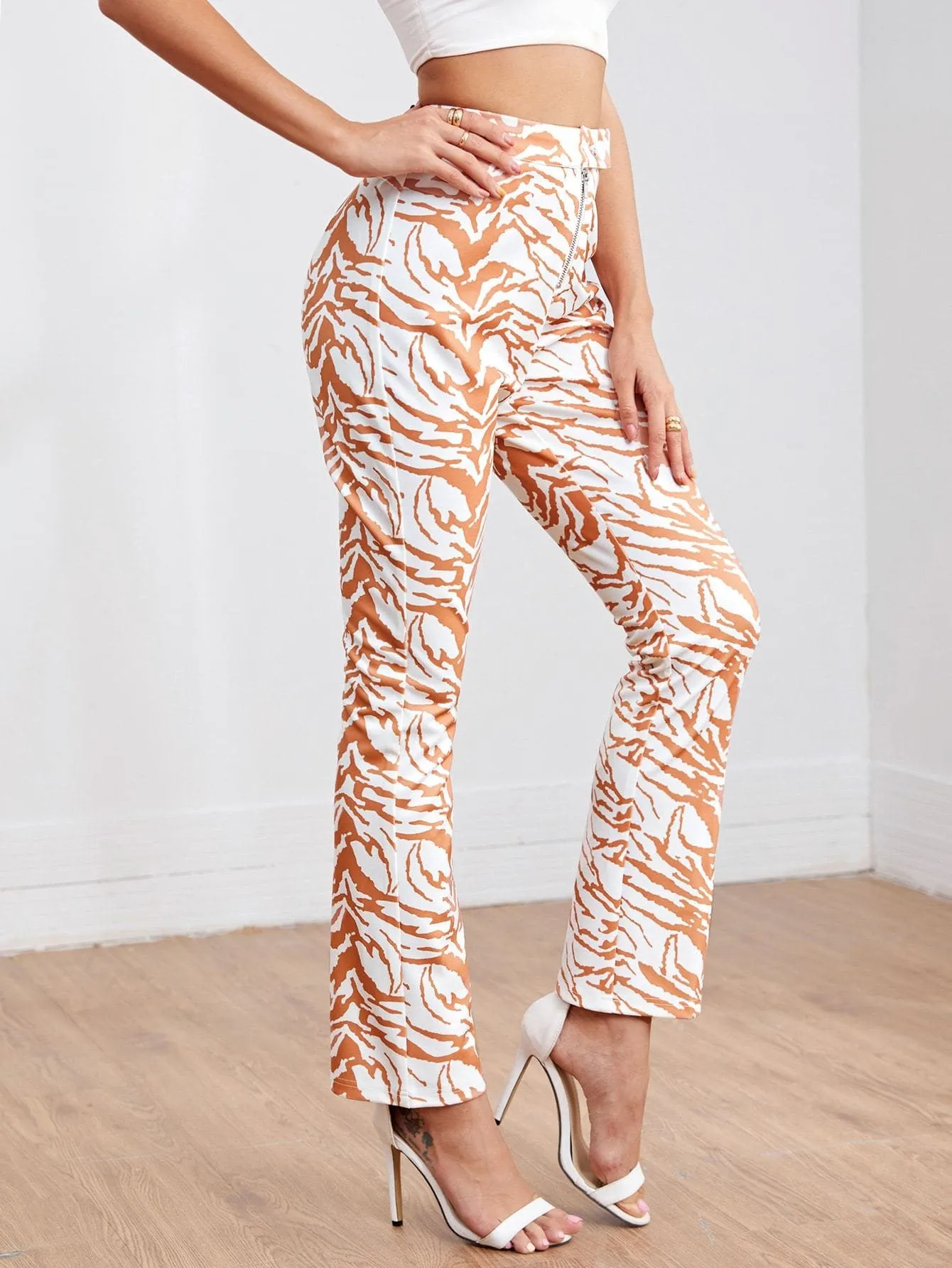 High Waist Zipper Fly Tiger Striped Straight Leg Pants