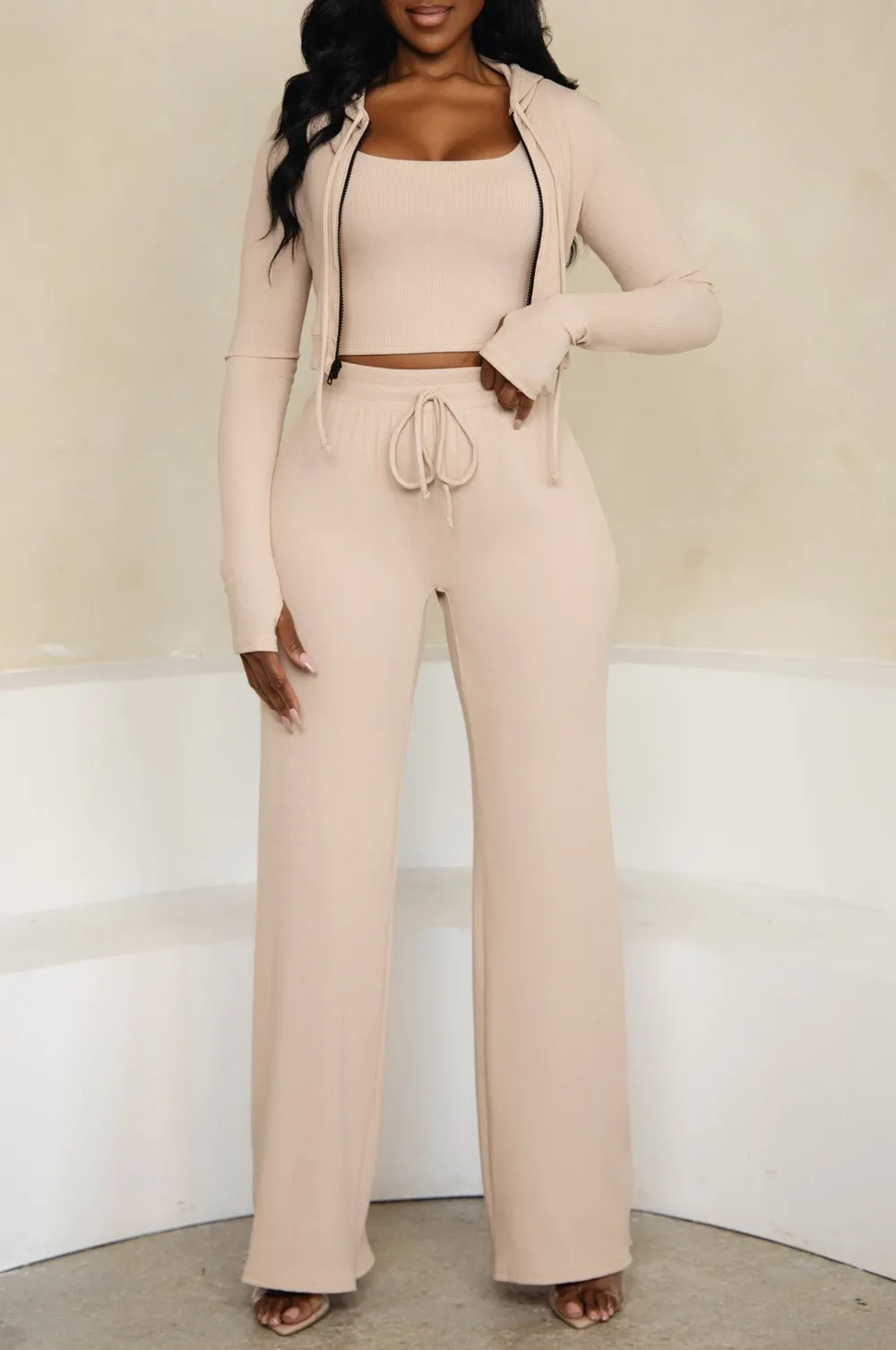 HMS Skins: Tan Baby Rib High Waist Drawstring Wide Leg Pants