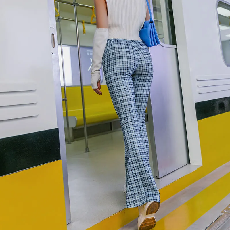 I'm Blue- Plaid Print Flare High Waist Trousers