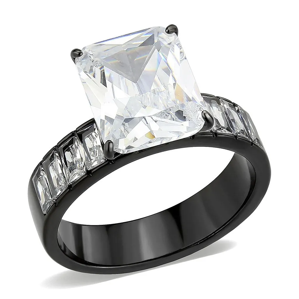 IP Black (Ion Plating) Stainless Steel Ring with AAA Grade CZ in Clear for Women Style TK3795