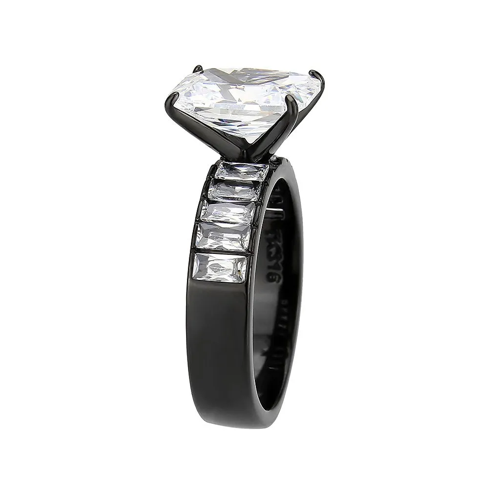 IP Black (Ion Plating) Stainless Steel Ring with AAA Grade CZ in Clear for Women Style TK3795