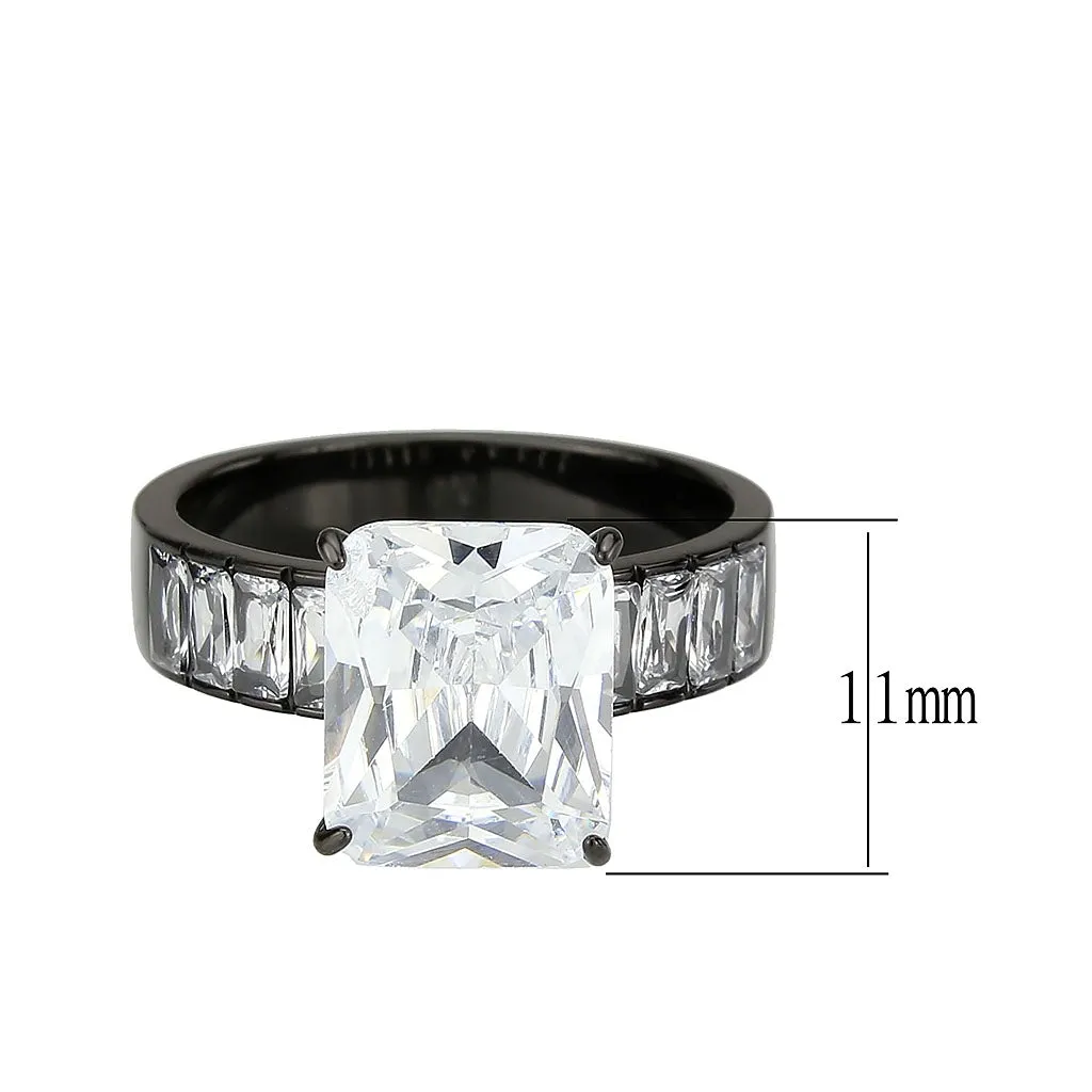 IP Black (Ion Plating) Stainless Steel Ring with AAA Grade CZ in Clear for Women Style TK3795