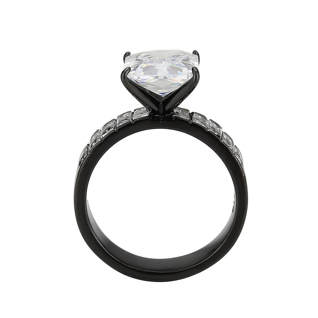 IP Black (Ion Plating) Stainless Steel Ring with AAA Grade CZ in Clear for Women Style TK3795