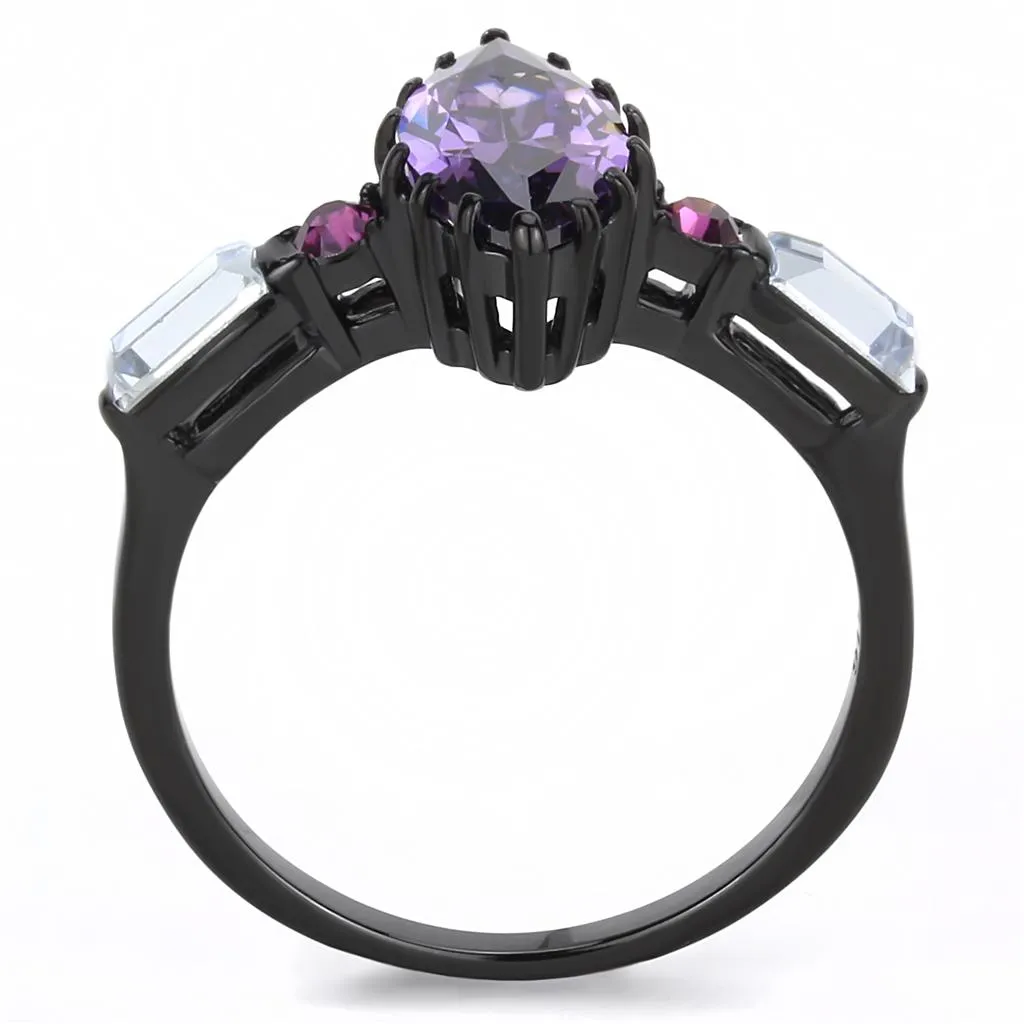 IP Black(Ion Plating) Stainless Steel Ring with AAA Grade CZ in Amethyst for Women Style TK3456