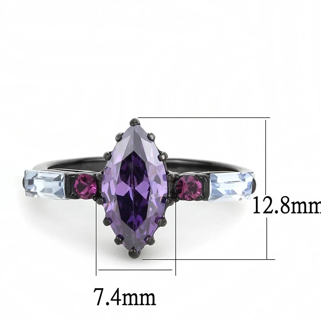 IP Black(Ion Plating) Stainless Steel Ring with AAA Grade CZ in Amethyst for Women Style TK3456