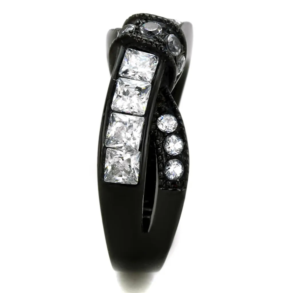 IP Black(Ion Plating) Stainless Steel Ring with AAA Grade CZ in Clear for Women Style TK2139